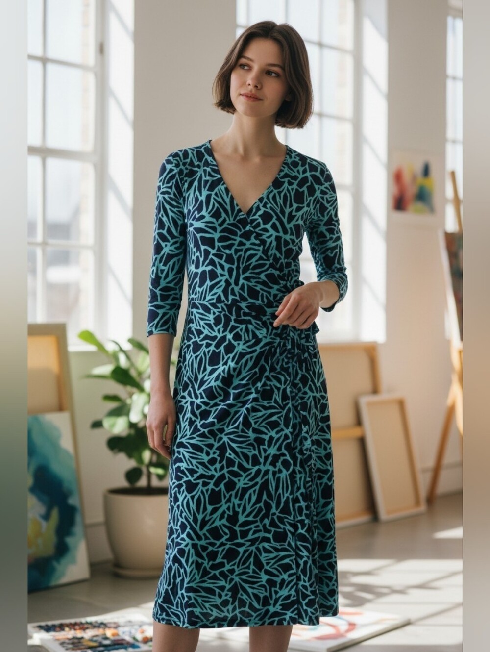 American Living Teal and Black Leaf-Print Wrap Dress